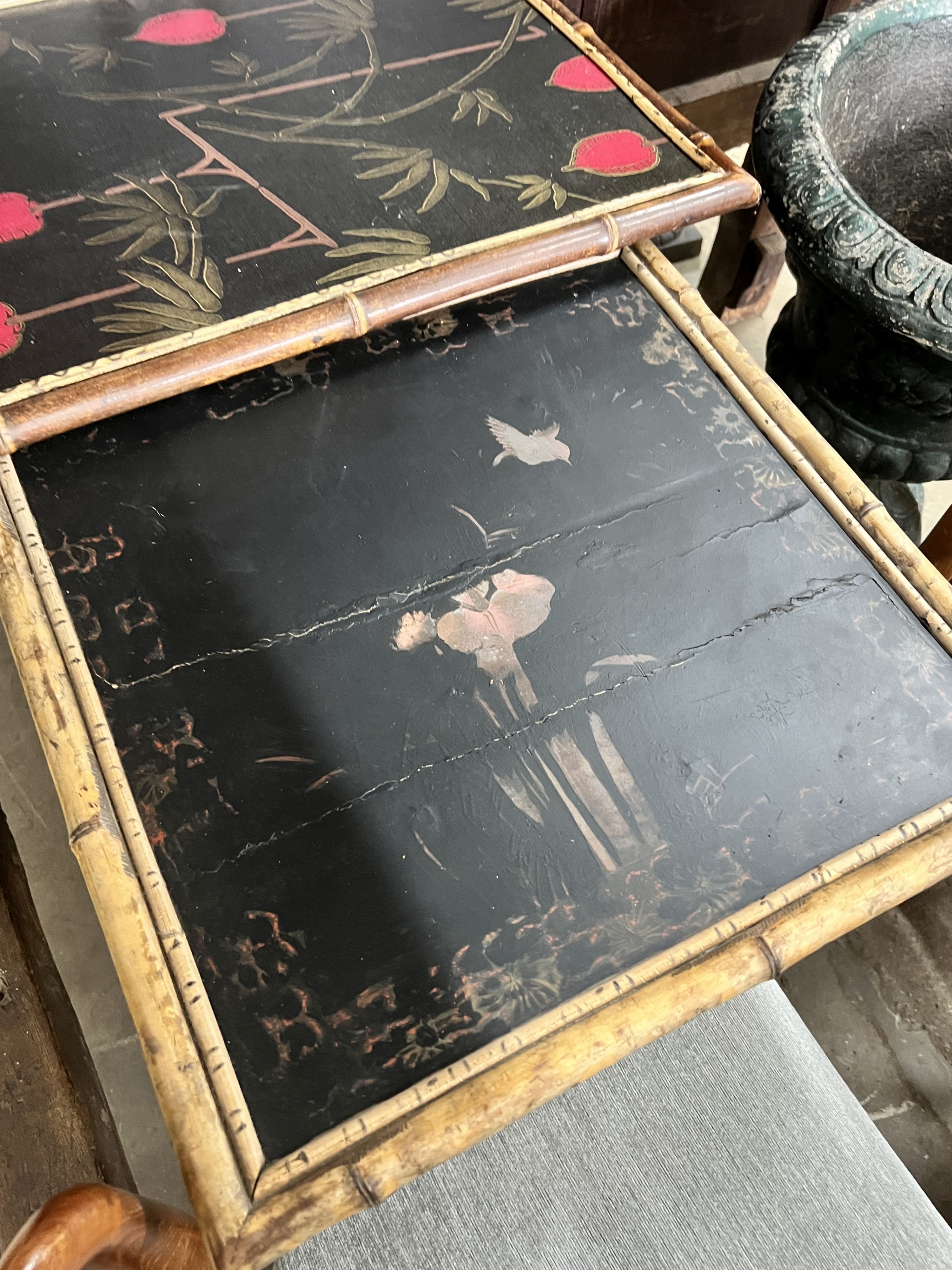 An Edwardian square lacquered bamboo two tier occasional table, width 50cm, height 70cm, a rectangular painted bamboo table and one other.